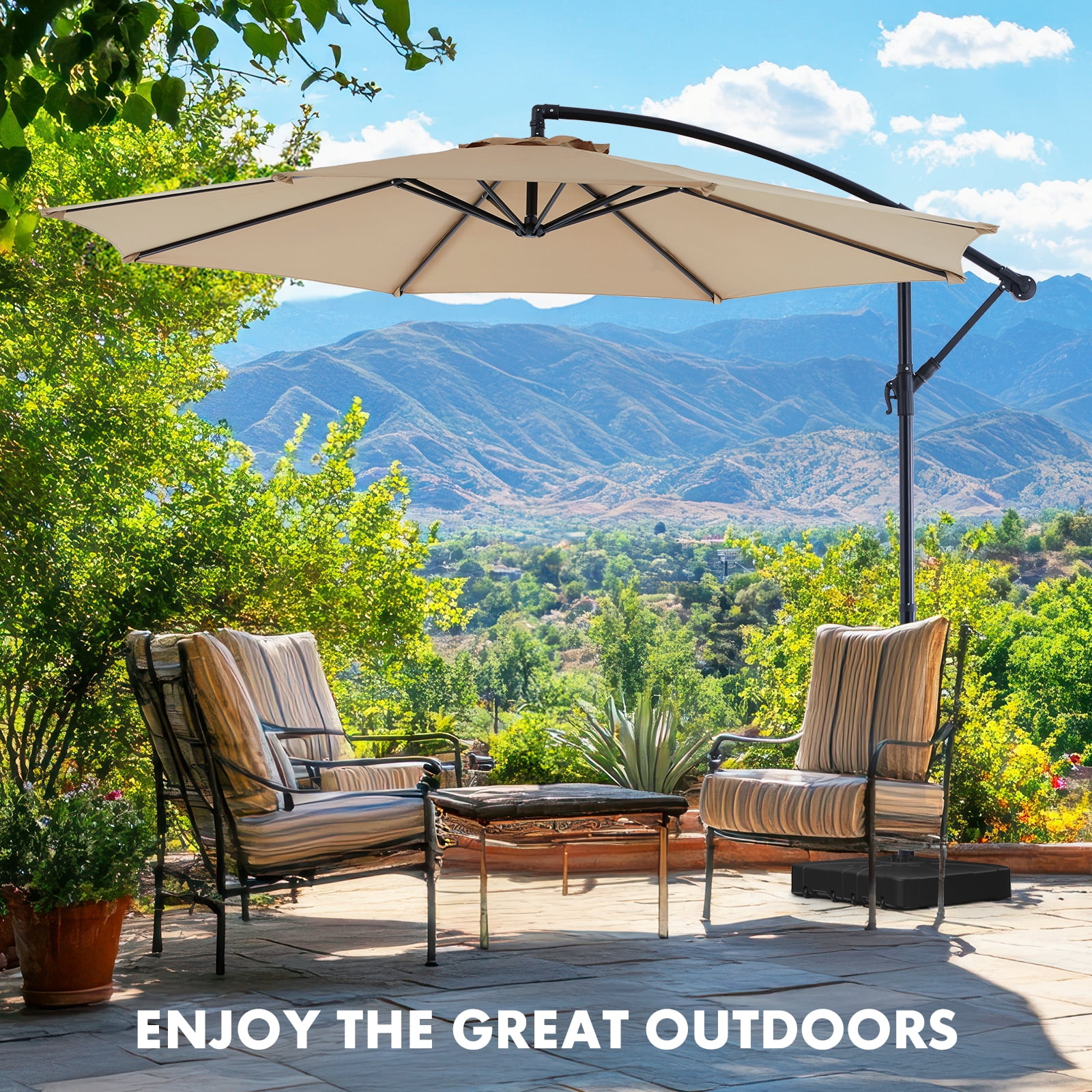 Patio Umbrella, 10 Ft Offset Outdoors Patio Umbrella with UPF50+ UV Protection, Tilt and Crank Button, for Outdoors, Yard, Poolside, Lawn, Beige