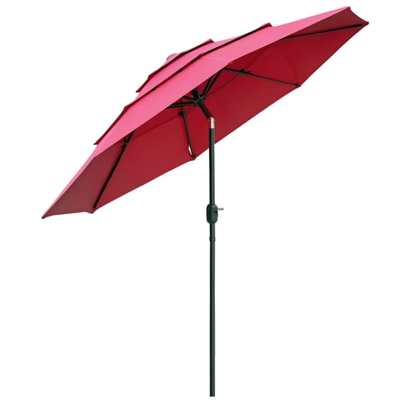 Patio Umbrella, 9FT 3-Tier Outdoor Market Umbrella with Crank Handle and Push Button Tilt, Powder-Coated Steel Pole and Polyester Fabric, Wine Red for Deck, Backyard, and Lawn