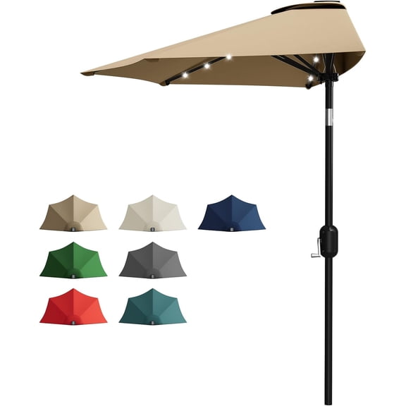Patio Umbrella 9FT Half Outdoor with Solar LED Lights and Smooth Crank Lift, Shade Canopy for Backyard Garden Deck Dark Green
