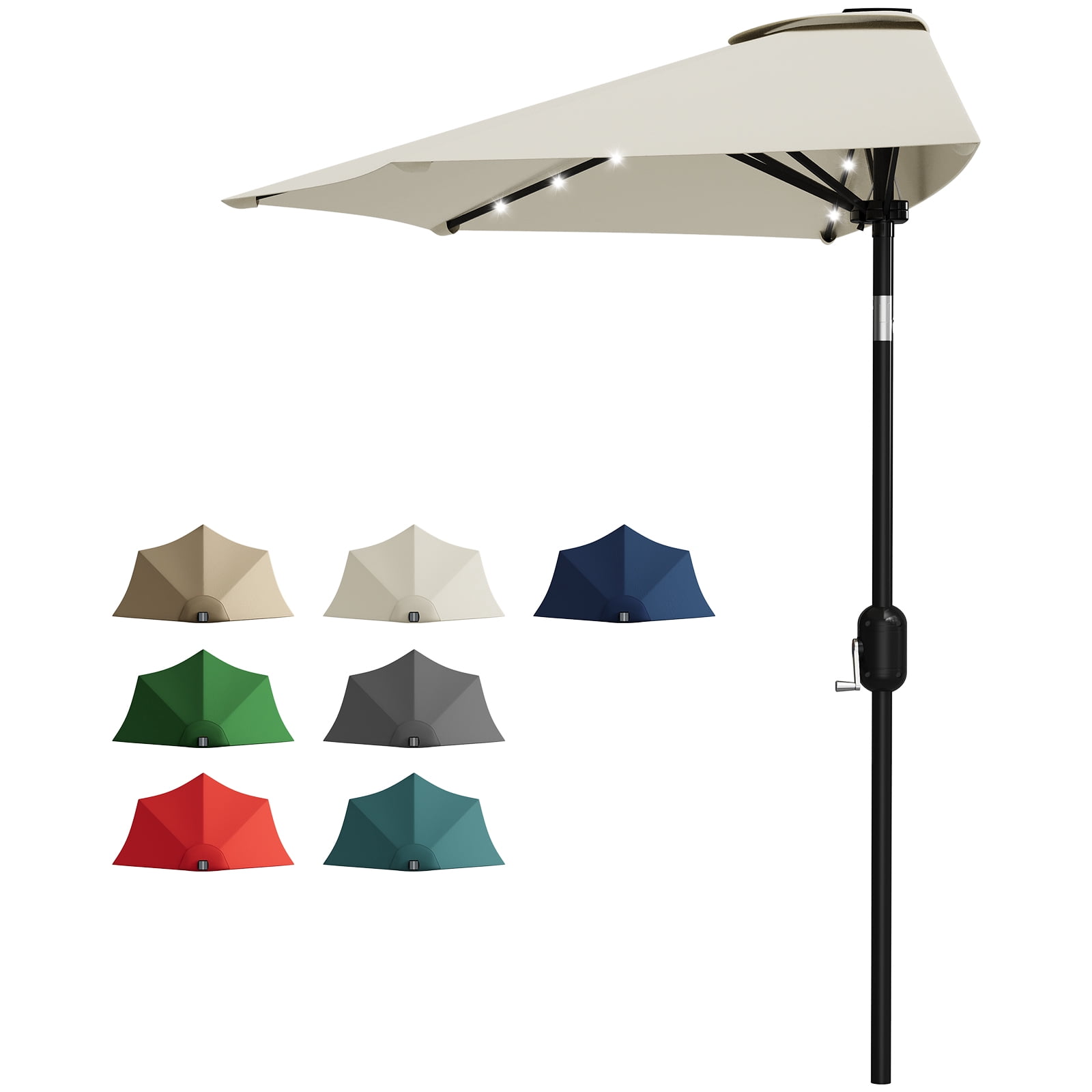 Patio Umbrella 9FT - Half Umbrella Outdoor with Solar LED Lights and Smooth Crank Lift, Outdoor Shade Canopy for Patio,Garden,Beige