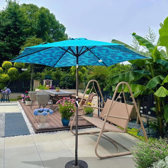 Patio Umbrella 9FT, Outdoor Market Umbrella with Push Button Tilt, Crank Lift Table Umbrella with Vent for Garden, Deck, Pool, Pattern + Cyan