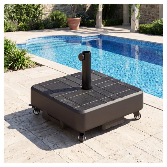 Patio Umbrella Base Outdoor with Wheels, 1.5"/1.9" Pole Stand, Heavy Duty Fillable Base for Deck, Pool, Garden, Wood Grain Finish, Stable & Portable