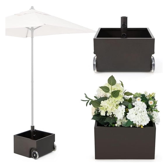 Patio Umbrella Base with Wheels, Garden Flower Planter Box, Portable Square Umbrella Holder for Backyard Deck Poolside