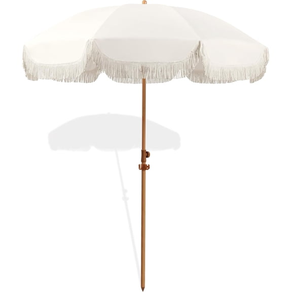 Patio Umbrella with Fringe, Beach Umbrella, Fringe Umbrella Outdoor Patio with Hanging Hook, Tilting Aluminum Pole, UV 50+, Fiberglass Ribs, Elegant Cream