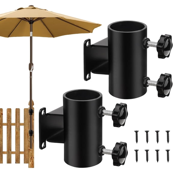 Patio Umbrella Holder for Deck and Fence Heavy Duty Deck Railing Umbrella Holder, 2 Pack Black-Coated Steel Mount Brackets, Fits Poles Up to 2", Rust-Resistant, Easy Installation