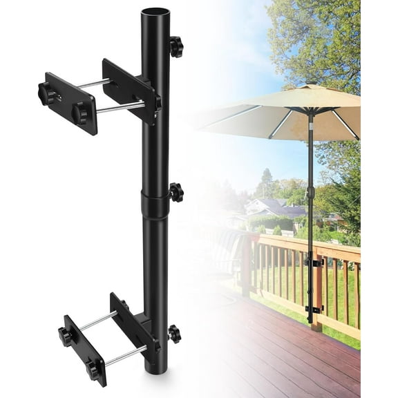 Patio Umbrella Holder for Deck Railing, Adjustable Deck Umbrella Mount Outdoor, Attachable to Railing Mounting Brackets - Upgraded 3 Screws to Secure Umbrella Handle, Maximizes Deck Space (Dark)