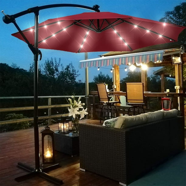 Patio Umbrella with Led Lights, 10FT Solar LED Offset Outdoor Umbrella