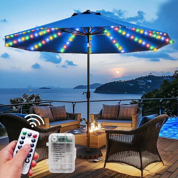 Patio Umbrella Lights Cordless 120 LED Table Umbrella Lights with Remote Control Battery Operated Waterproof Parasol String Lights for 7-11 Feet Outdoor Backyard Beach Umbrella Dcor (Multi-Colored)