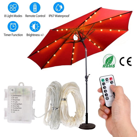Patio Umbrella Lights Strings TeqHome Parasol Timer Lights for Indoor Outdoor with 104 LEDs 8 Lighting Modes Remote Control IP67 Waterproof Battery Powered Warm White