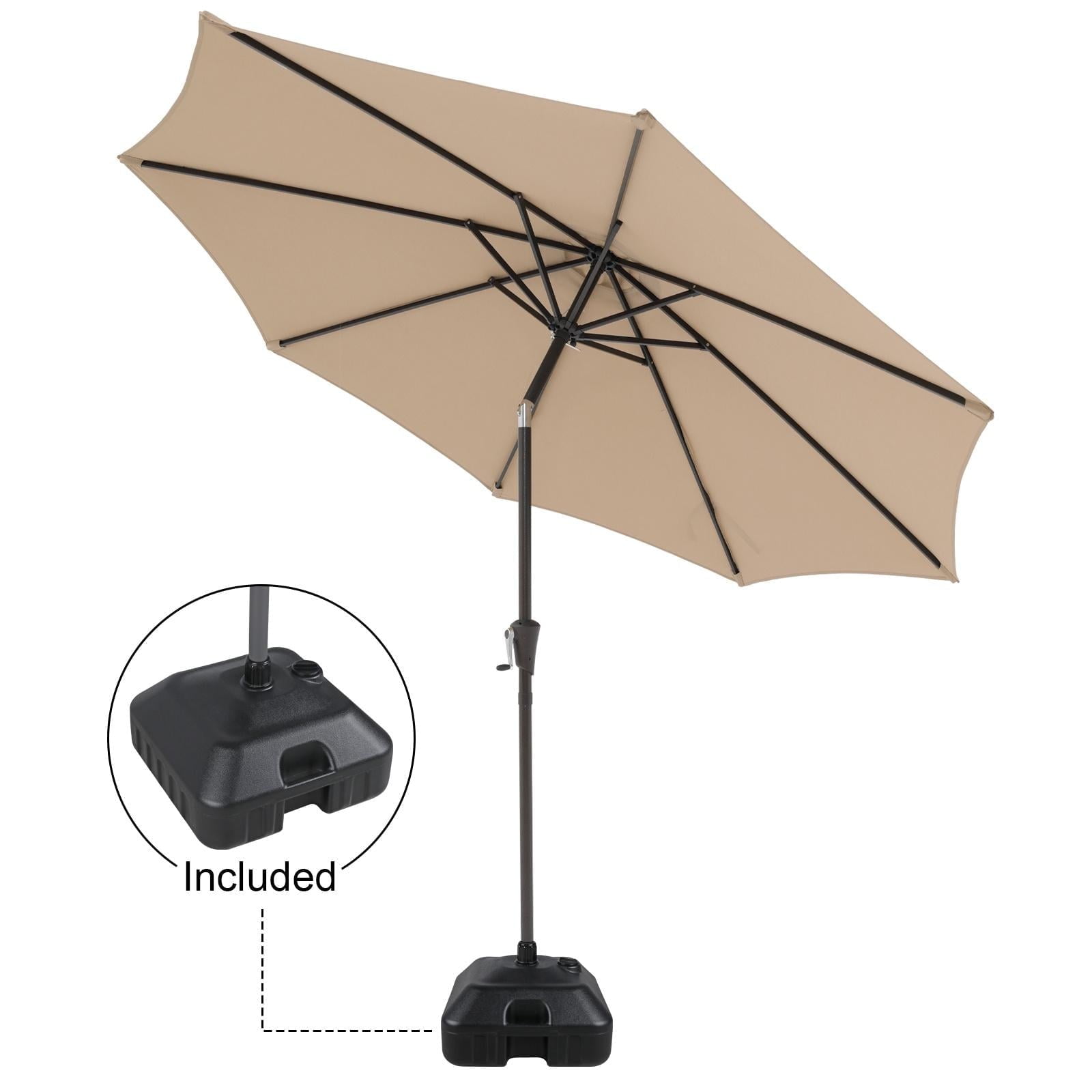 Patio Umbrella with Patio Market Umbrella Base, 9-Feet Outdoor Table Market Umbrella with 26.5lb Heavy Duty Resin Square Outdoor Stand, Push Button Tilt/Crank, 8 Ribs, Beige