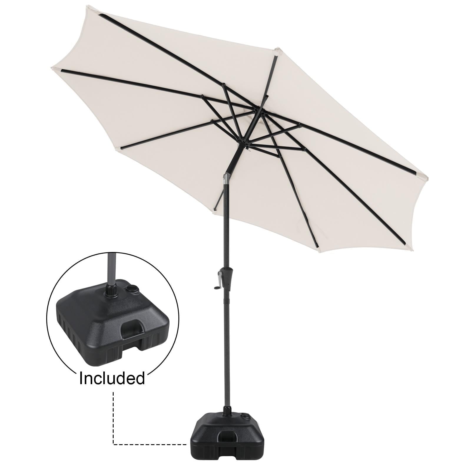Patio Umbrella with Patio Market Umbrella Base, 9-Feet Outdoor Table Market Umbrella with Water/Sand Self-Filled Base, Push Button Tilt/Crank, 8 Ribs, Cream White