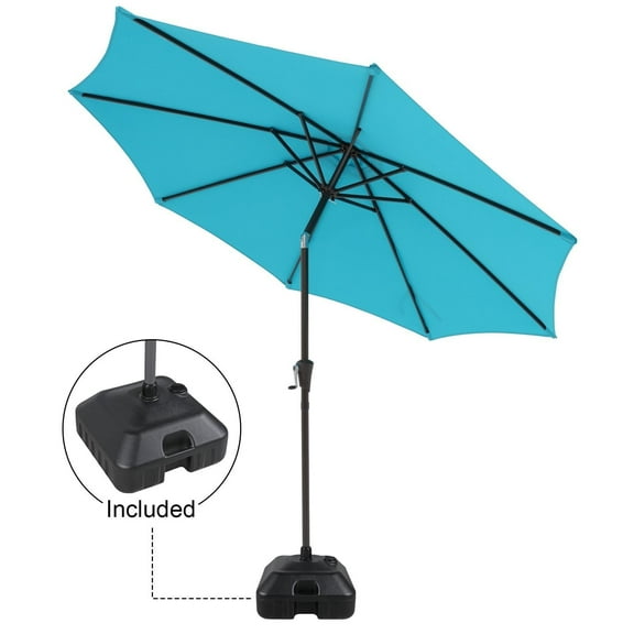 Patio Umbrella with Patio Market Umbrella Base, 9-Feet Outdoor Table Market Umbrella with Water/Sand Self-Filled Base, Push Button Tilt/Crank, 8 Ribs, Turquoise