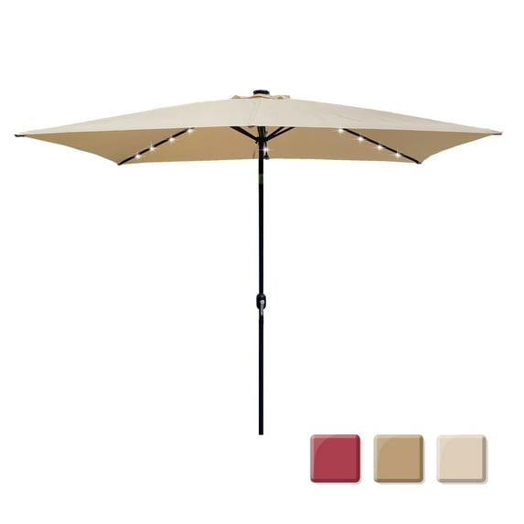 Patio Umbrella, Rectangular Outdoor Umbrella Sun Shade with 26 Solar LED Lights, Crank and Push Button Tilt, Canopy Sunbathing Umbrella for Garden Backyard Pool Beach, Tan, 10ftx6.5 Ft