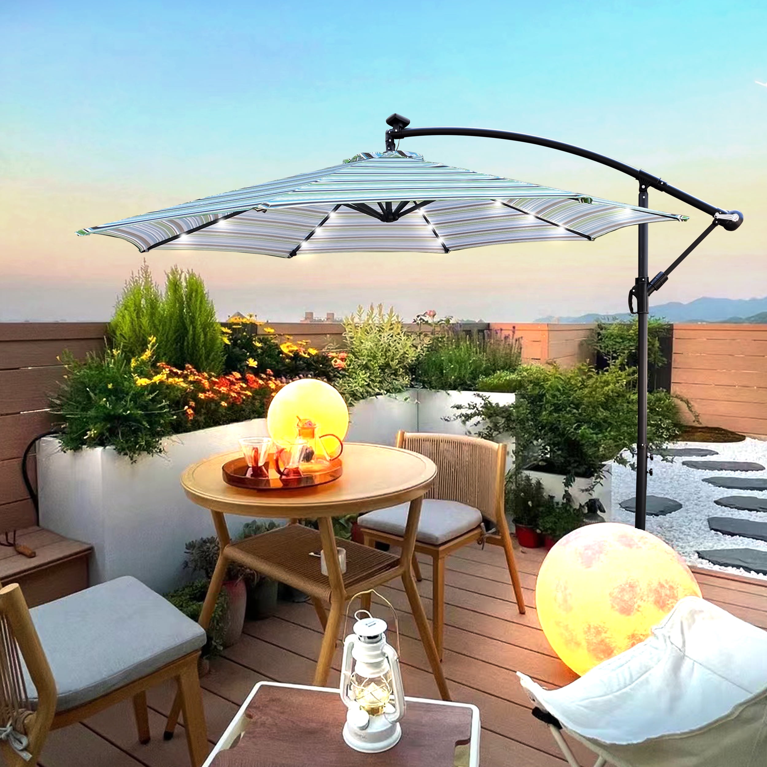 Patio Umbrella with Solar Lights, 10FT LED Offset Outdoor Umbrella