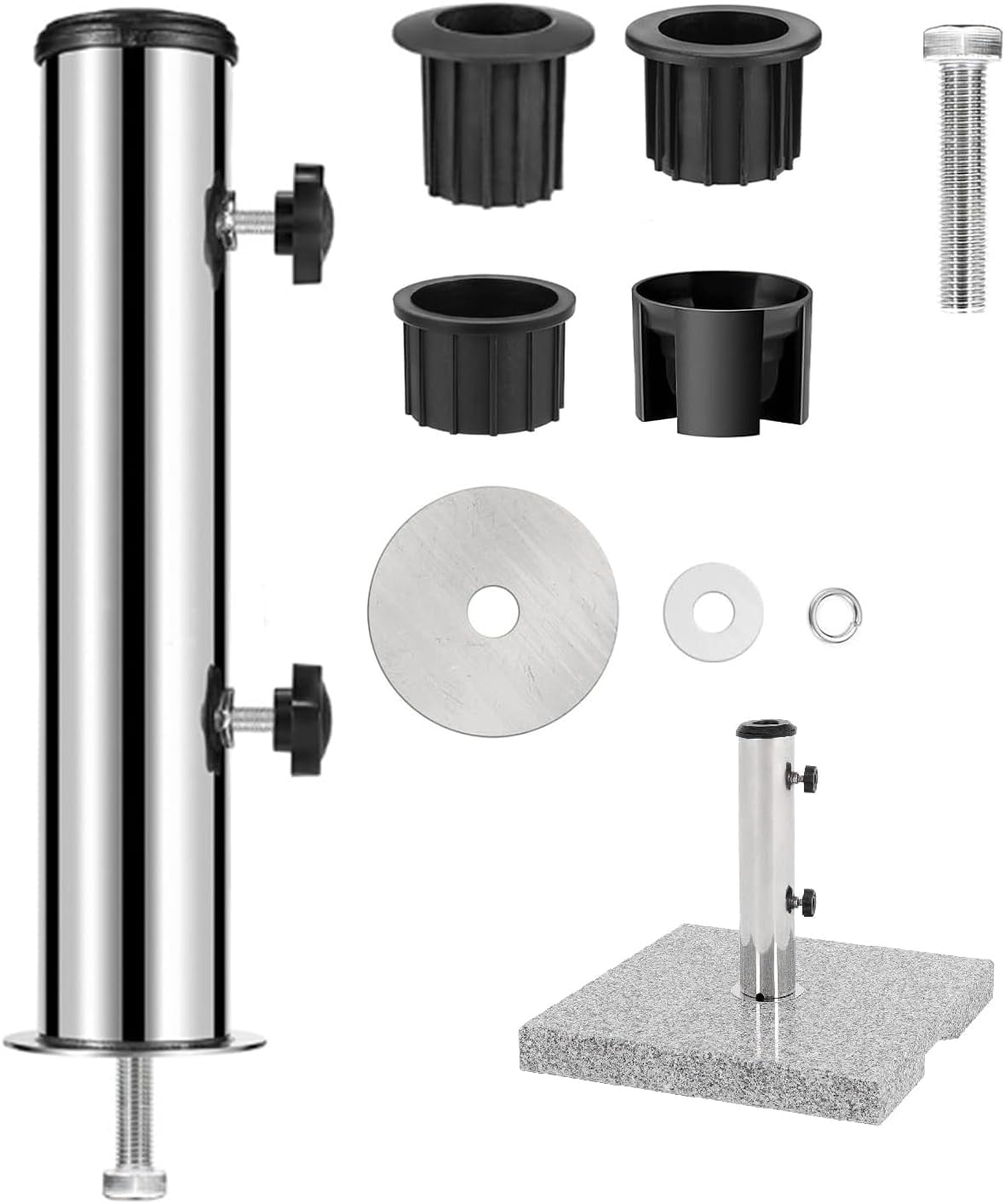 Patio Umbrella Stand Base,Deck Mount Umbrella Holder,Universal Parasol Standpipe with 3 Pieces  Reducing Ring,Umbrella Baser Standpipe for Granite, Cement Panel