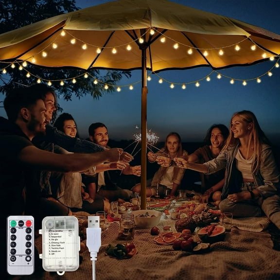 Patio Umbrella String Lights, 23 ft 70 Shatterproof Globe LED String Lights with Remote Control, Battery/USB Powered and 8 Lighting Modes, Waterproof Hanging Light Decorate for Patio (Warm White)