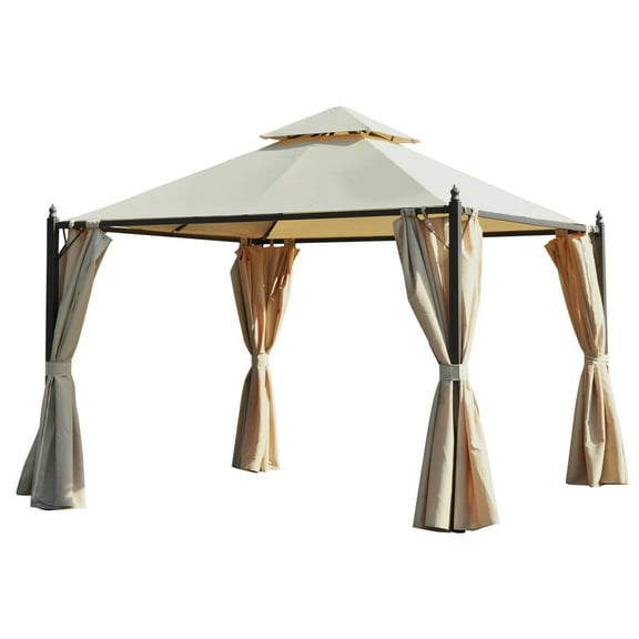 Patio Umbrellas 10' x 10' Steel Outdoor Patio Gazebo with Polyester Privacy Curtains, Two-Tier Roof for Air, & Large Design,Market Umbrellas