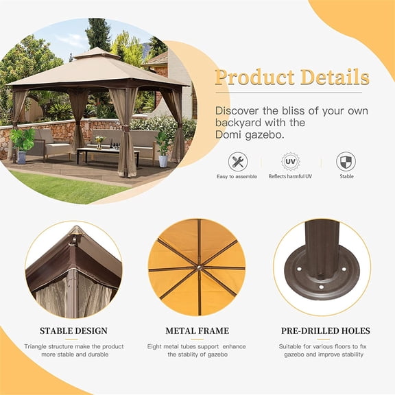 Patio Umbrellas 10'x13' Gazebo, Outdoor Gazebo with Mosquito Netting, Metal Frame Double Roof Soft Top Patio Gazebo Canopy Tent for Deck Backyard Garden Lawns (Khaki),Market Umbrellas