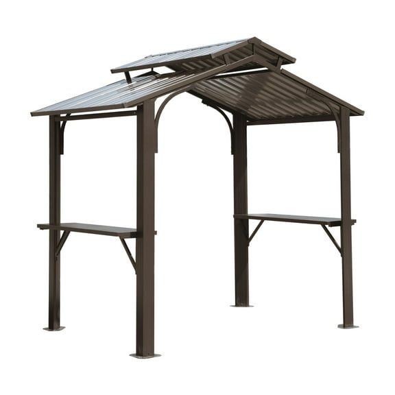 Patio Umbrellas 8×5FT Hardtop Grill Gazebo, Outdoor BBQ Gazebo w/Galvanized Steel Double Roof, Permanent Sun Shade Grill Canopy Shelter with 2 Side Shelves and Ceiling Hook for Patio Deck Yard Garden