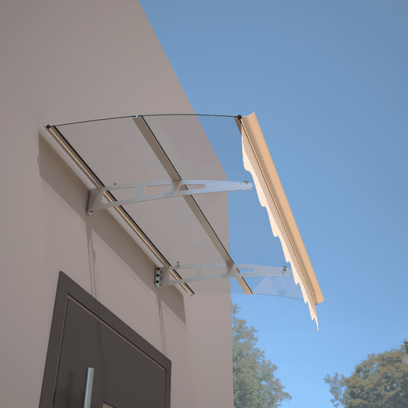Patio Umbrellas DA5934C Series Door Window Awning Canopy Made of 0.137Inch Thick Crystal Solid Polycarbonate Sheet and Aluminum Alloy with Valance in size of 59" Wide x 34" Deep for Masonry Concrete