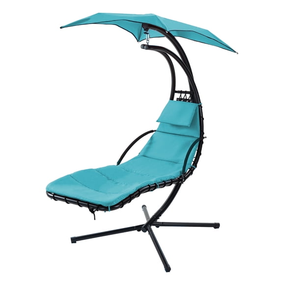 Patio Umbrellas Hanging Chaise Lounger with Removable Canopy, Outdoor Swing Chair with Built-in Pillow, Hanging Curved Chaise Lounge Chair Swing for Patio Porch Poolside, Hammock Chair with Stand (Bl