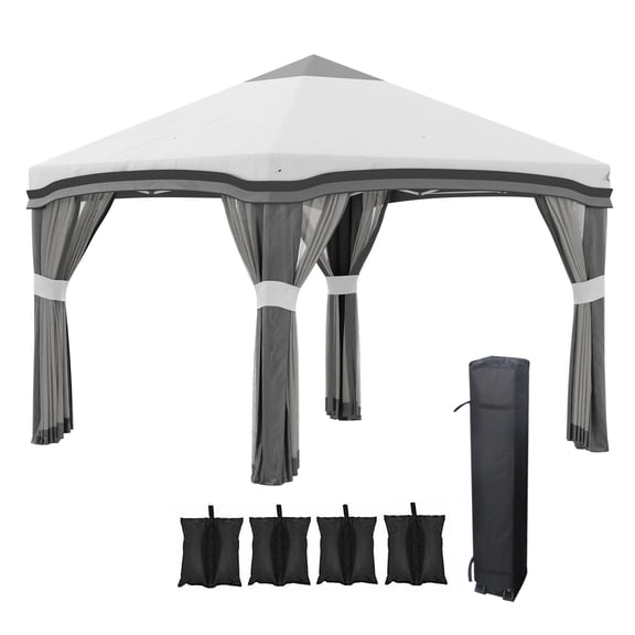 Patio Umbrellas Outsunny 10' x 10' Pop Up Canopy Tent with Netting, Instant Tents for Parties, Height Adjustable, with Wheeled Carry Bag and 4 Sand Bags for Outdoor, Garden, Patio, Gray,Market Umbre