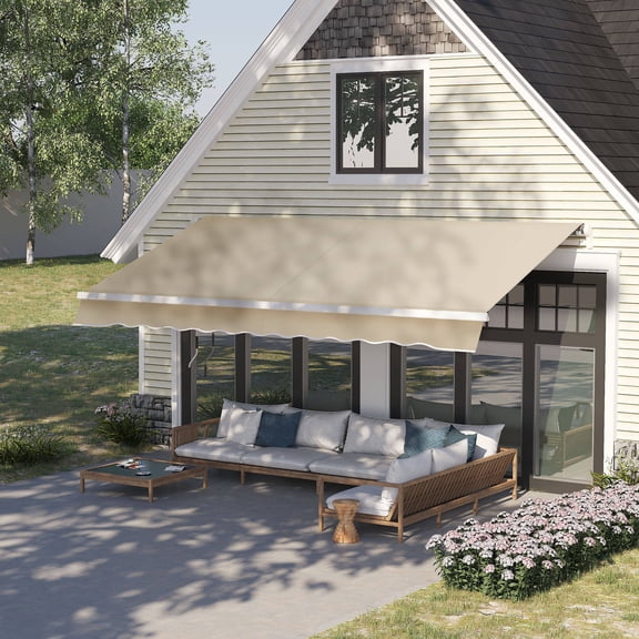 Patio Umbrellas Outsunny 12' x 8' Retractable Awning Patio Awnings Sun Shade Shelter with Manual Crank Handle, 280g/m² UV & Water-Resistant Fabric and Aluminum Frame for Deck, Balcony, Yard, Cream Wh