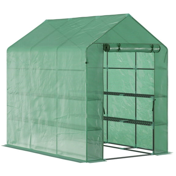 Patio Umbrellas Outsunny 7' x 5' x 6.5' Walk-in Greenhouse, PE Cover, 3-Tier Shelves, Steel Frame Hot house, Roll-Up Zipper Door for Flowers, Vegetables, Saplings, Tropical Plants, Green,Outdoor Umbr