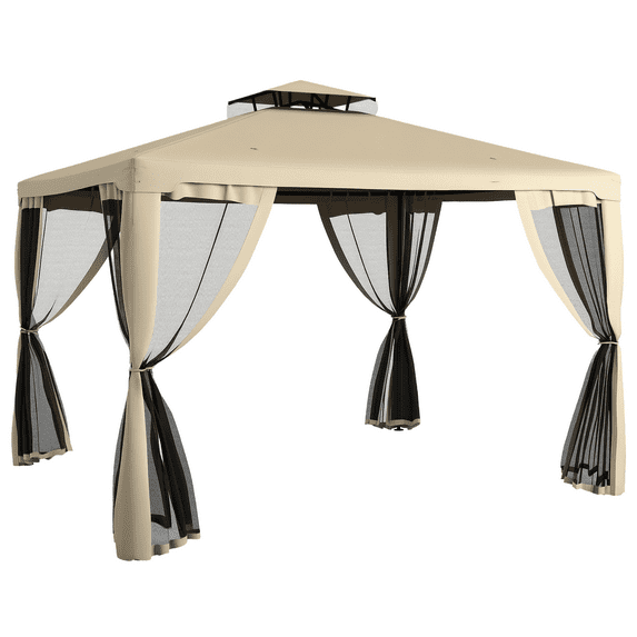 Patio Umbrellas Outsunny 9.6' x 11.6' Patio Gazebo, Outdoor Canopy Shelter with 2-Tier Roof and Netting, Steel Frame for Garden, Lawn, Backyard, and Deck, Taupe,Market Umbrellas