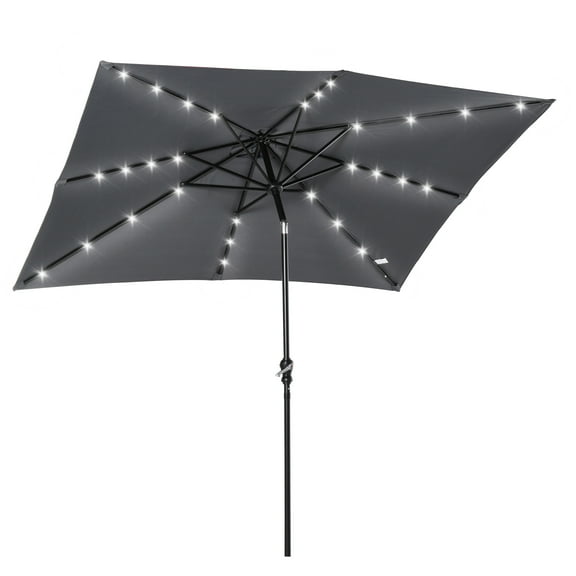 Patio Umbrellas Outsunny 9' x 7' Solar Umbrella, LED Lighted Patio Umbrella for Table or Base with Tilt & Crank, Outdoor Umbrella for Garden, Deck, Backyard, Pool, Beach, Dark Gray,Market Umbrellas