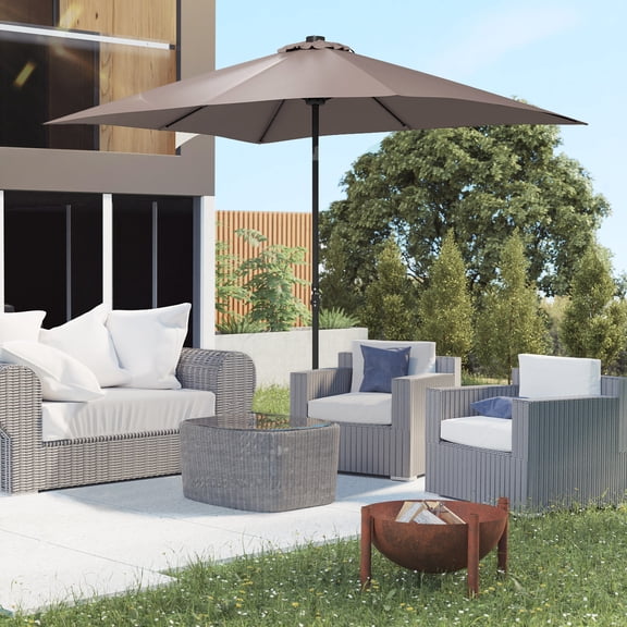 Patio Umbrellas Outsunny 9' x 7' Solar Umbrella, LED Lighted Patio Umbrella for Table or Base with Tilt & Crank, Outdoor Umbrella for Garden, Deck, Backyard, Pool, Beach, Tan,Market Umbrellas