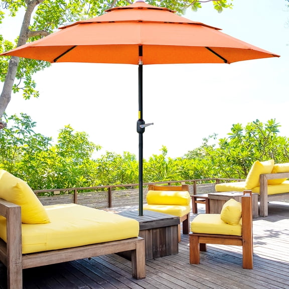 Patio Umbrellas Outsunny 9FT 3 Tiers Patio Umbrella Outdoor Market Umbrella with Crank, Push Button Tilt for Deck, Backyard and Lawn, Orange,Market Umbrellas