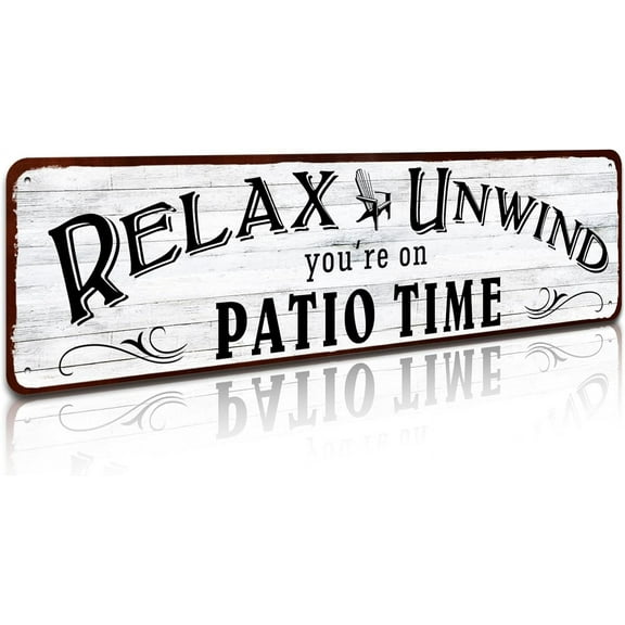 Patio Wall Decor Backyard Patio Signs And Decor Outdoor 4" by 16" Tin Sign For Home, Bar, Porch - Relax Unwind You're On Patio Time