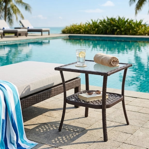 Patio Water Rippled Glass Side Table, Brown Rattan