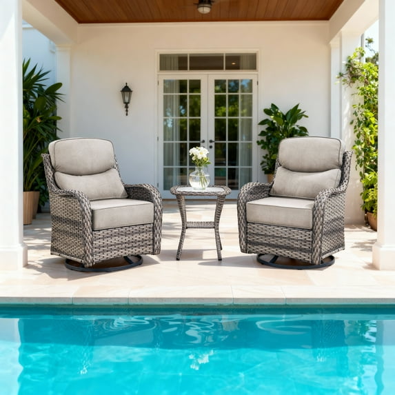 Patio Wicker 3-Piece Furniture Set Outdoor Rattan Bistro Swivel Rocking Chairs with Side Table Deep Seat Rocker Gliders with 6" Thick Cushions, Beige