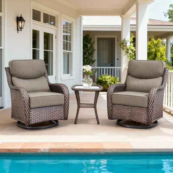 Patio Wicker 3-Piece Furniture Set Outdoor Rattan Bistro Swivel Rocking Chairs with Side Table Deep Seat Rocker Gliders with 6" Thick Cushions, Gray
