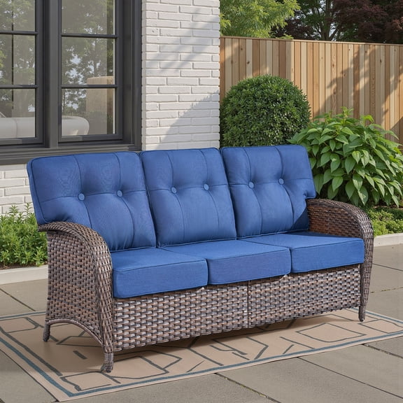 Patio Wicker 3-Seater Sofa, Outdoor Rattan Deep Seat Sofa Couch Furniture with 5" Thick Cushions for Porch Garden Poolside, Blue