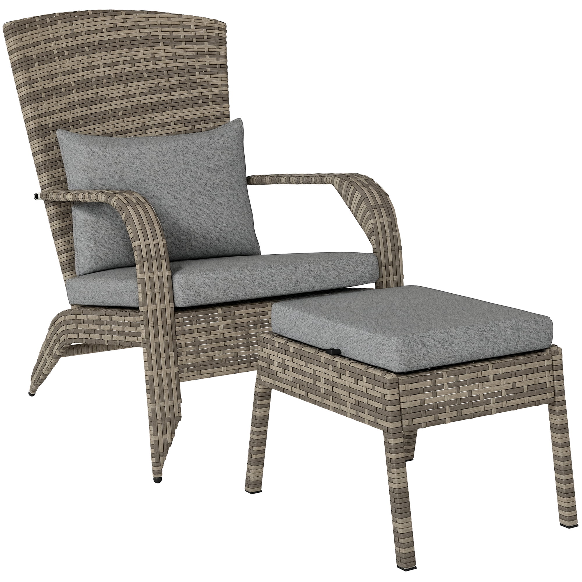 Patio Wicker Adirondack Chair with Ottoman, Outdoor Fire Pit Chair with Cushions, High-Back, Large Seat & Armrests for Deck, Garden & Backyard, Gray