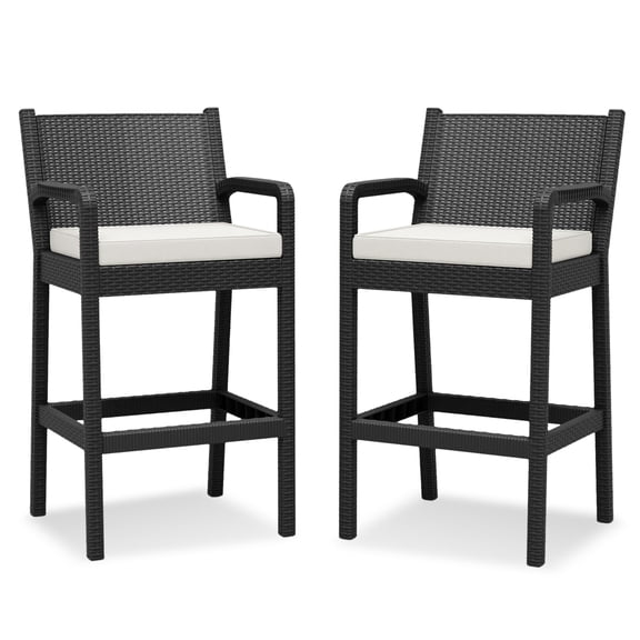 Patio Wicker Bar Stools Set of 2, 30'' Outdoor Counter Height Barstools with Thickened Cushions, All-Weather Wicker Rattan Bar Chairs with Backrest & Footrest for Backyard, Pool, Balcony, Beige