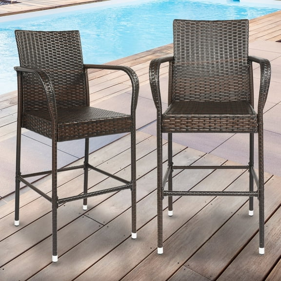 Patio Wicker Barstools Set of 2 Mix Brown PE Wicker Bar Chairs for Porch, Backyard