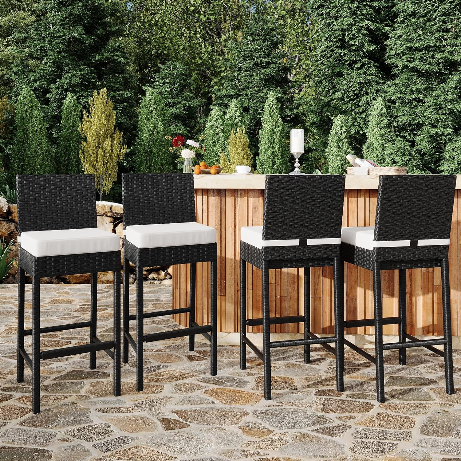Patio Wicker Barstools With Cushions, Outdoor Wicker Bar Stools