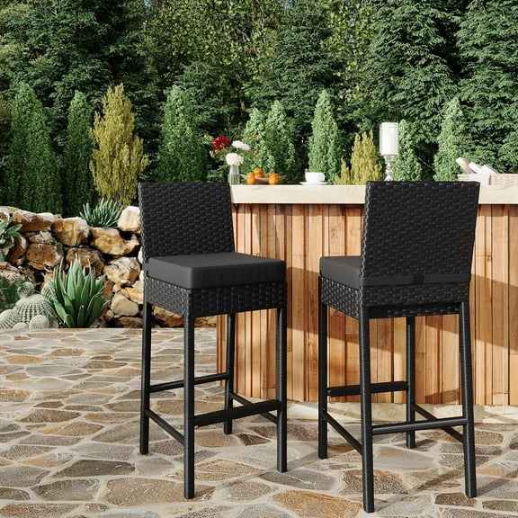 Patio Wicker Barstools With Cushions, Outdoor Wicker Bar Stools , Outdoor Rattan Bar Height Stool Set Armless for Backyard, Poolside