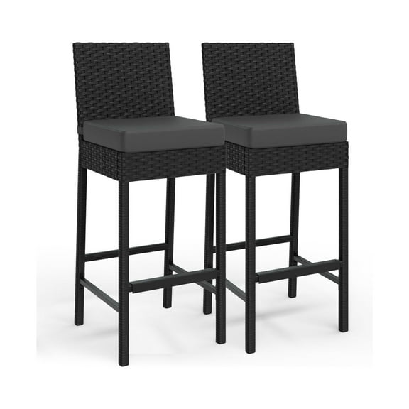Patio Wicker Barstools With Cushions, Outdoor Wicker Bar Stools Set of 2/4, Outdoor Rattan Bar Height Stool Set Armless for Backyard, Poolside