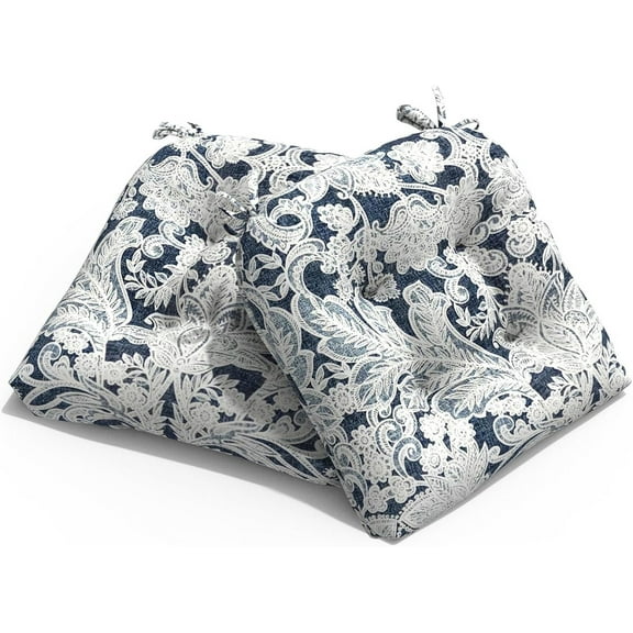 Patio Wicker Chair Cushions, All Weather Outdoor Tufted Chair Pads Pack of 2, 19 x 19 x 4 Inch U-Shaped Seat Cushions of Garden Furniture Decoration, Damask Lapis