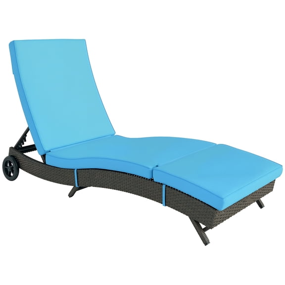 Patio Wicker Chaise Lounge Chair, Outdoor PE Rattan Sun Lounger, Adjustable Backrest, Sky Blue