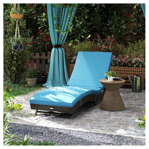 Patio Wicker Chaise Lounge Chair, Outdoor PE Rattan Sun Lounger, Adjustable Backrest, Sky Blue
