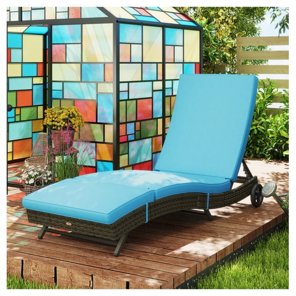 Patio Wicker Chaise Lounge Chair, Outdoor PE Rattan Sun Lounger with Adjustable Backrest & Wheels - Sky Blue