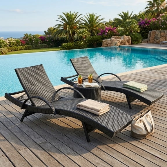 Patio Wicker Chaise Lounge Chairs Set of 2, 5-Level Adjustable Backrest Rattan Pool Recliner Chair with Pull-out Side Table, Sunbathing Recliners
