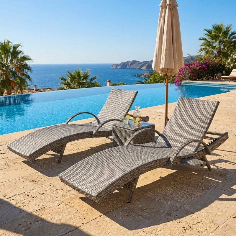 Patio Wicker Chaise Lounge Chairs Set of 2, 5-Level Adjustable Backrest Rattan Pool Recliner Chair with Pull-out Side Table, Sunbathing Recliners
