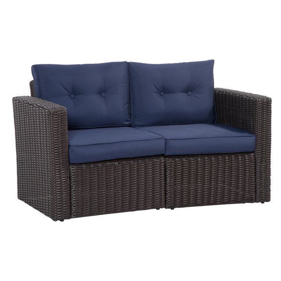 Patio Wicker Corner Sofa Set, 2 Piece PE Rattan Outdoor Furniture, Dark Blue Cushions, for Balcony, Garden, Lawn, Curved Armrests, Loveseat